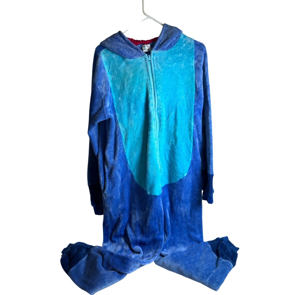 Disney Lilo & Stitch Union Suit Medium Blue Fleece Hooded Pajamas Women
